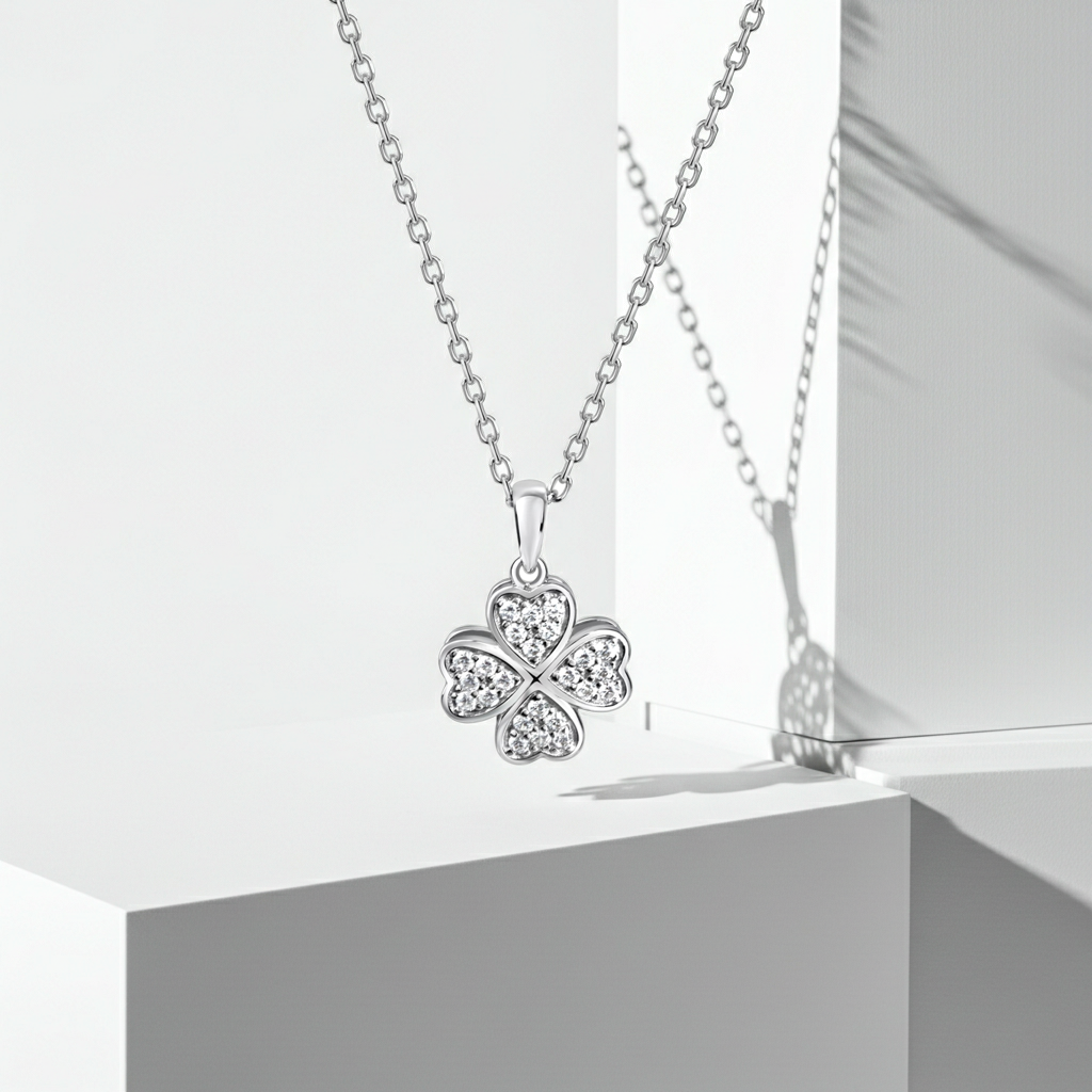 Anhänger mit Kette 925 Sterling Silber rhodiniert Kleeblatt Zirkonia