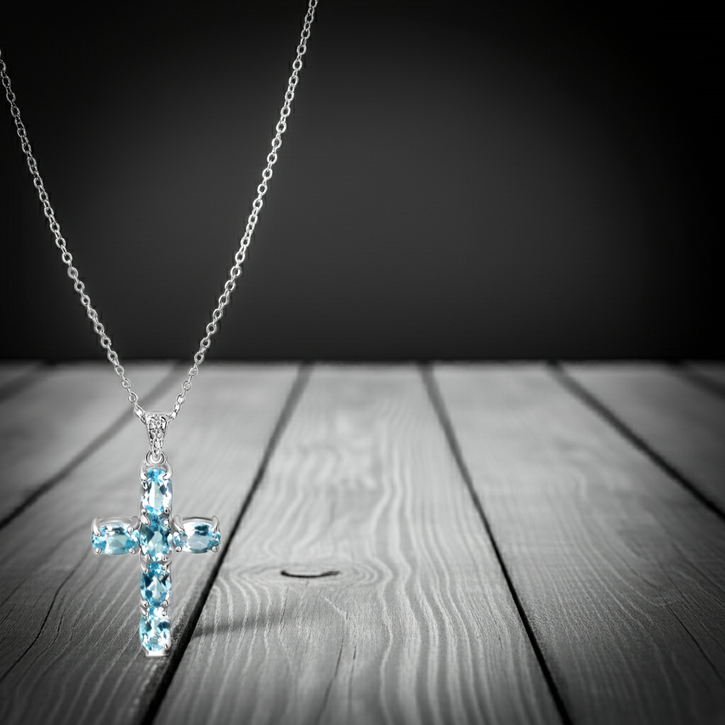 Anhänger mit Kette 925/- Sterling Silber rhodiniert Kreuz Blautopas