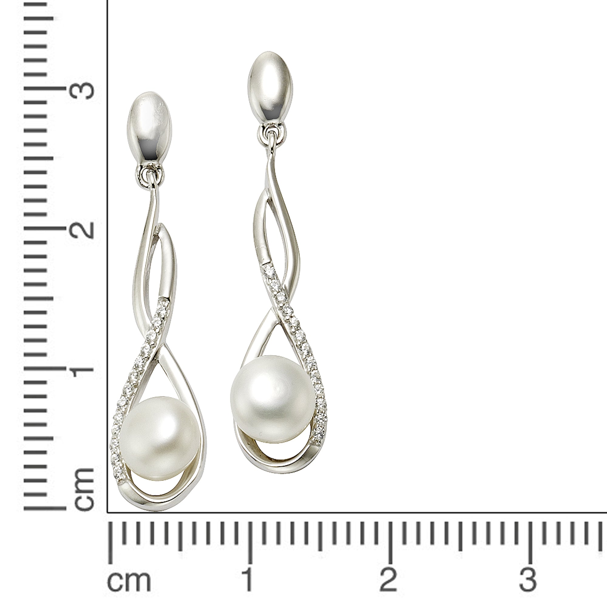 Ohrringe Silber 925 rhodiniert mit weißen Perlen 7mm und Zirkonia-Steinen