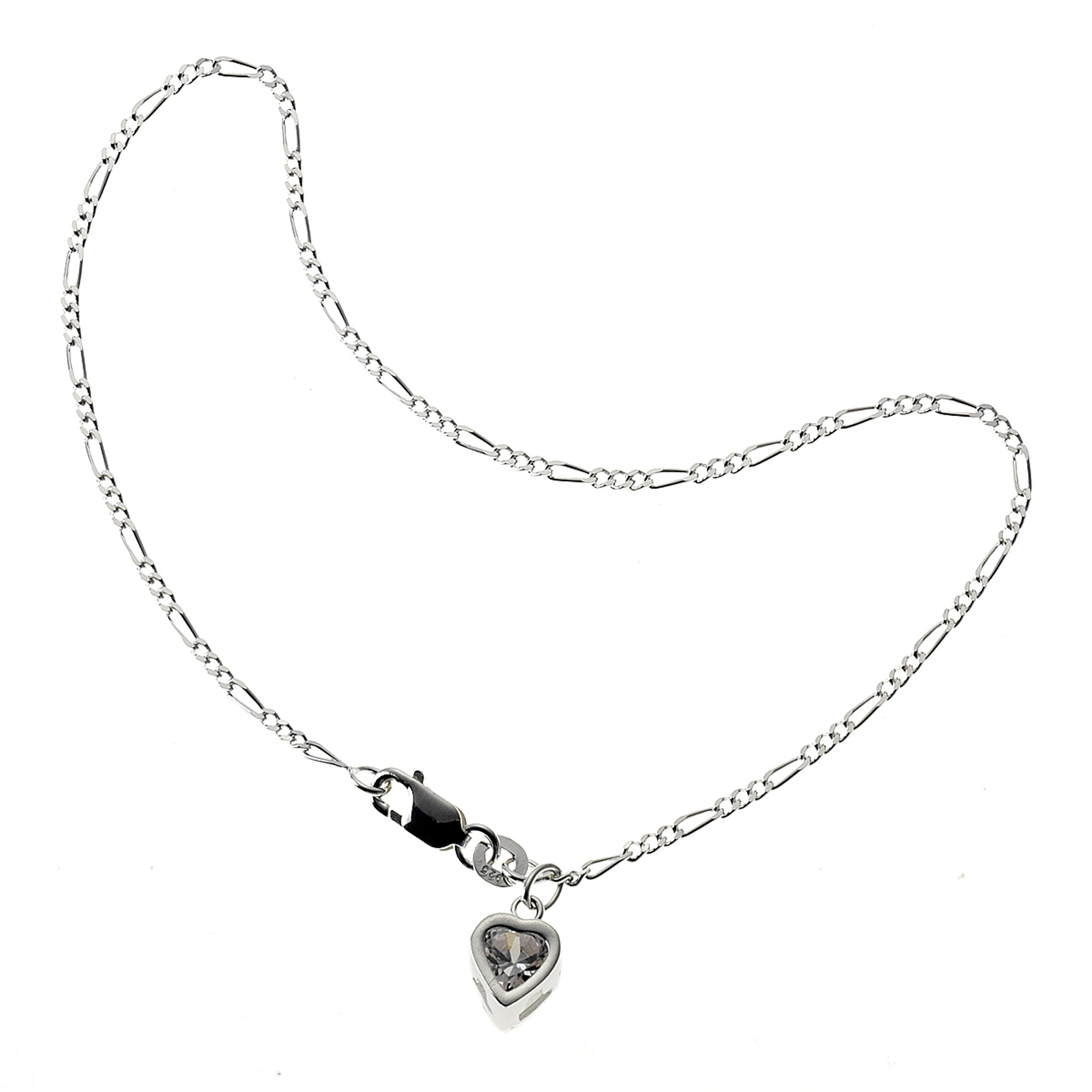Fußkette 925 Silber mit Herz-Anhänger und Zirkonia weiß 25cm lang