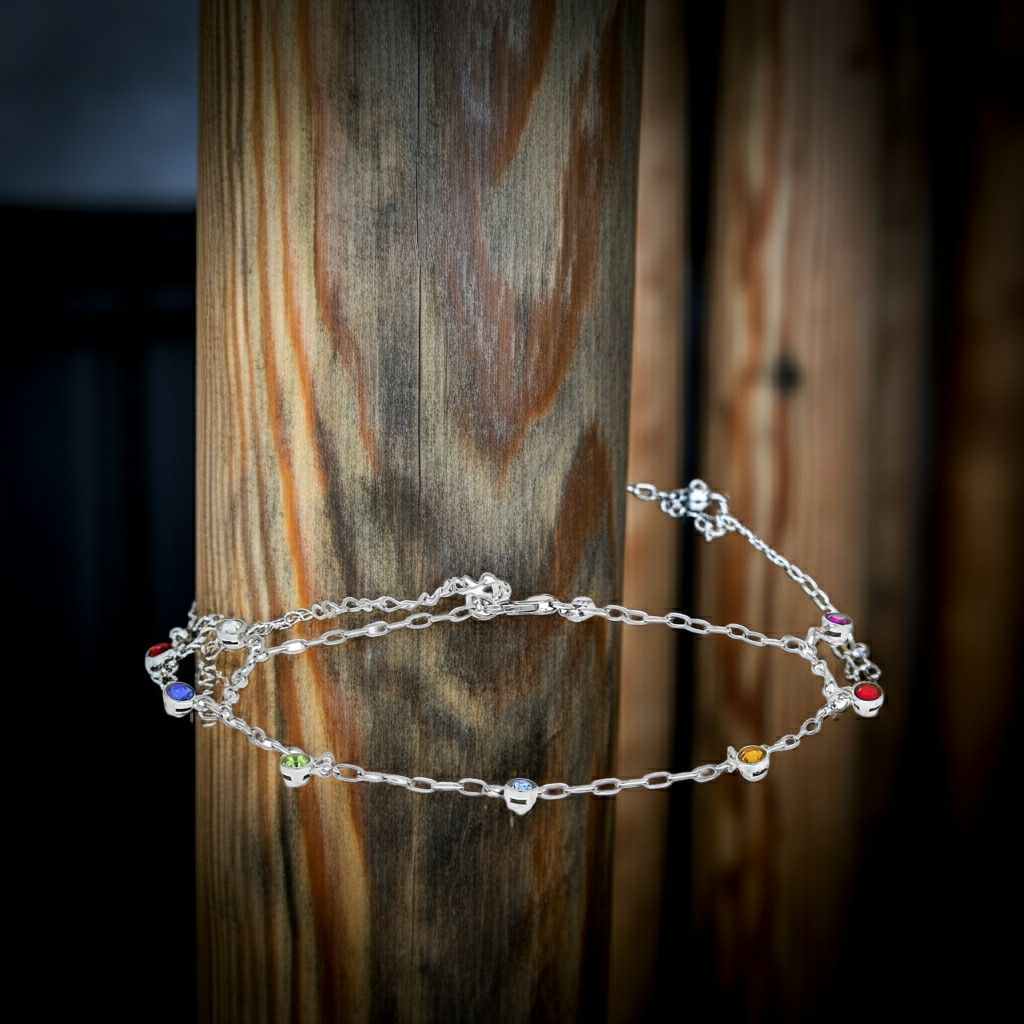 Fußkette Silber 925 rhodiniert mit bunten Kristallen