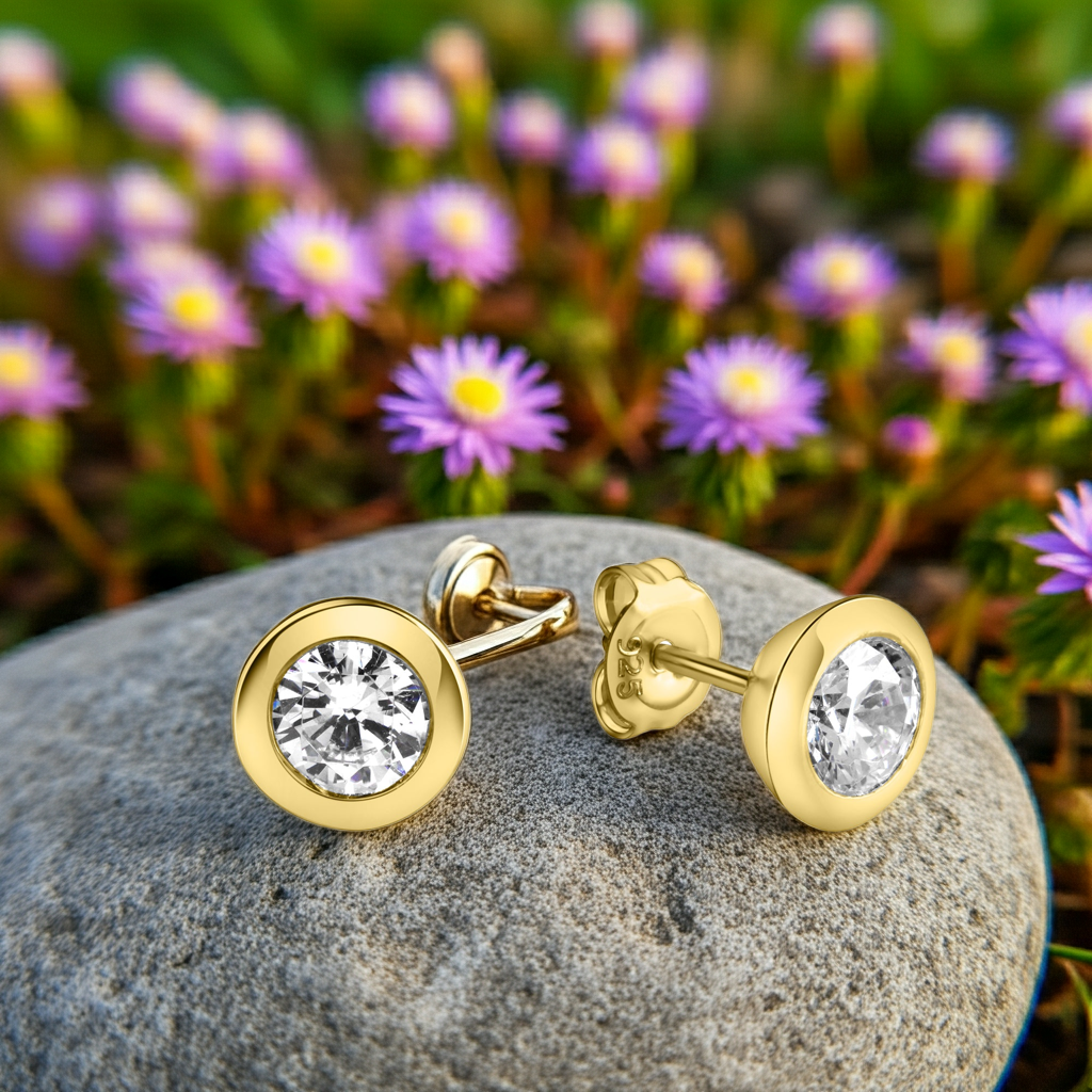 Ohrringe Silber 925 vergoldet mit weißem Zirkonia-Stein 6mm