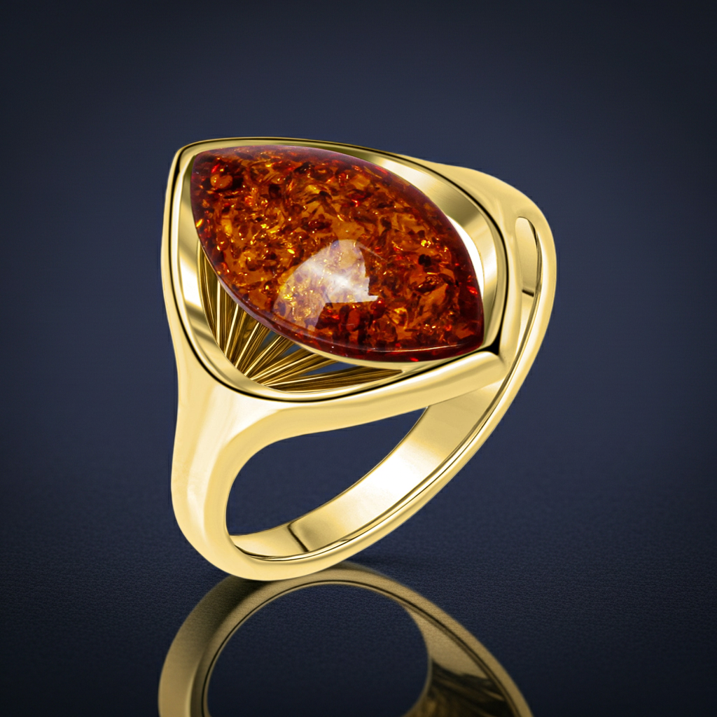 Ring 925/- Sterling Silber vergoldet mit Bernstein - Ringgröße: 058 (18,5)