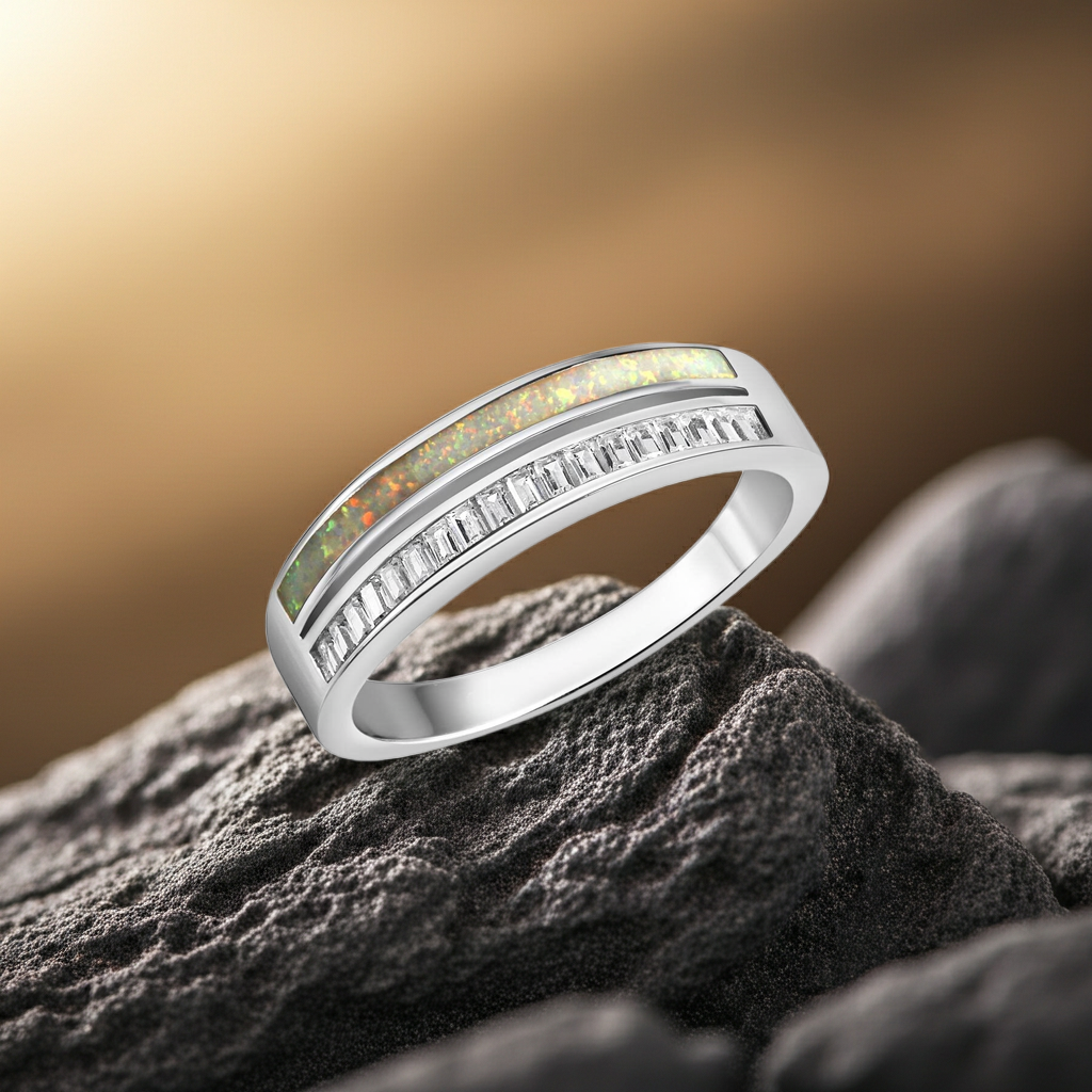 Opal Ring Silber / 925 Sterling / rhodiniert mit Zirkonia – Ringgröße: 058 (18,5)